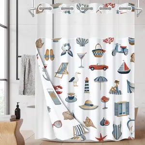 1PC Double Layer Shower Curtain, No Hooks, Mediterranean Vacation Themed Print Waterproof Fabric, Coastal Bathroom Decor, Bright Whimsical Aesthetic, Hotel Bathroom Accessory, Detachable Buckle Shower Curtain and Liner, Bathroom Room Divider