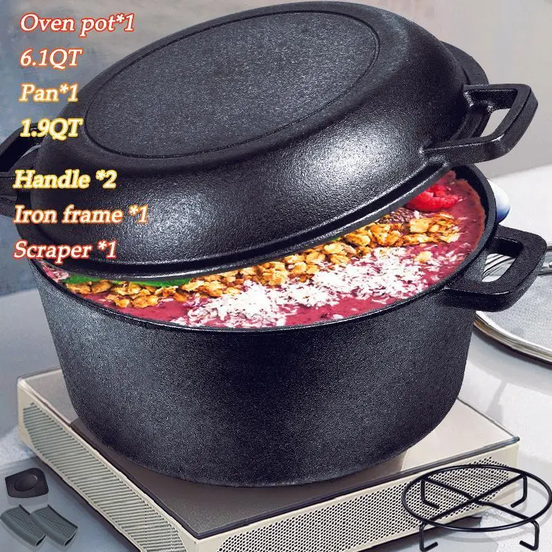 Two-in-one Cast Iron Dutch Pot Set, with 1.9-quart Frying Pot Cover, 6.1-quart Deep-bottomed Pot with Silicone Handle, Scraper and Iron Frame, Double-handle Cast Iron Cooker, Suitable for Oven, Stove, Barbecue, Family Gathering, Christmas.