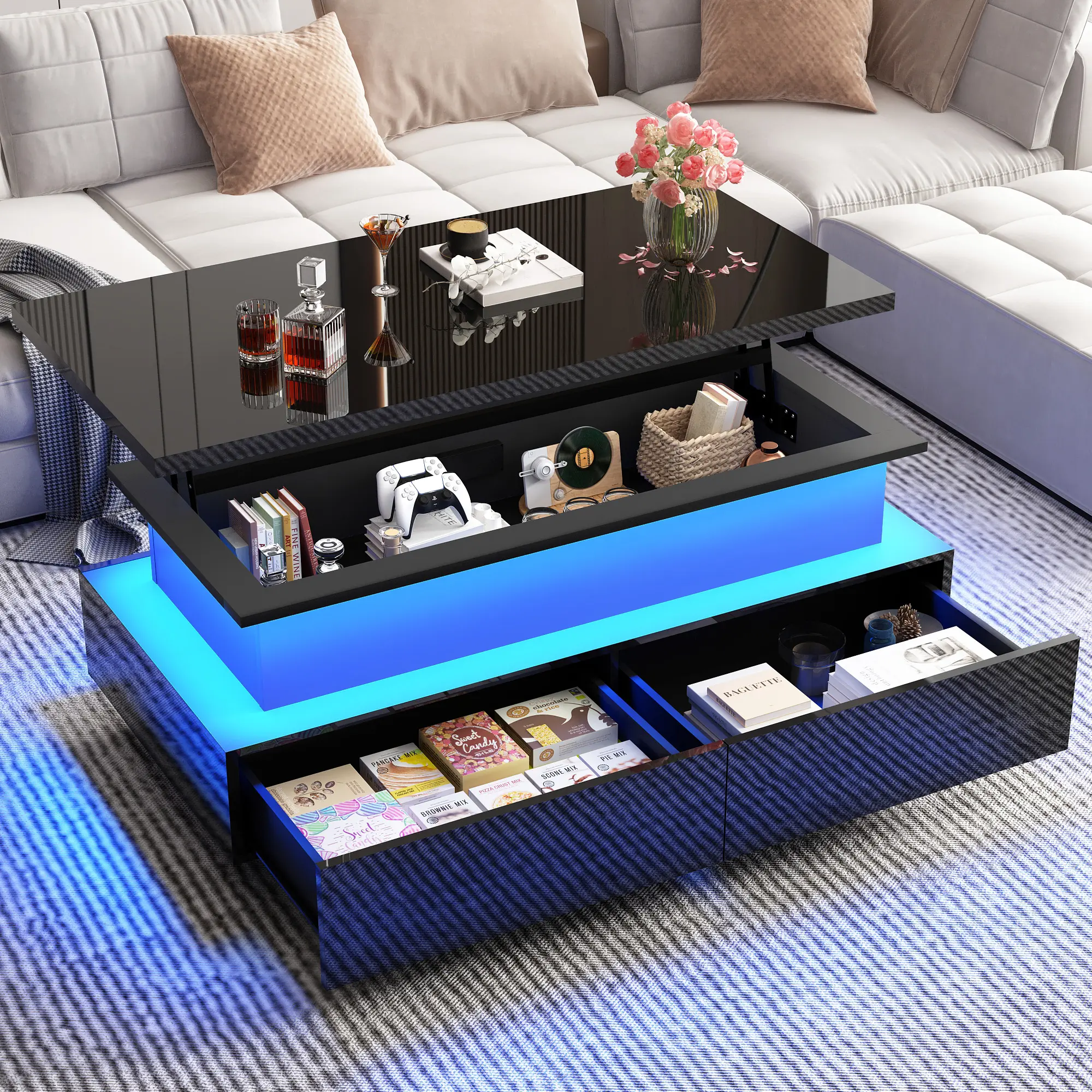 43.3in Rectangular Coffee Table with Gas Strut Support - High Gloss Indoor Furniture Table, Adjustable Height Tabletop, App-Controlled Lighting, Storage Drawer, Hidden Compartment, Space-Saving Contemporary Living Room Furniture
