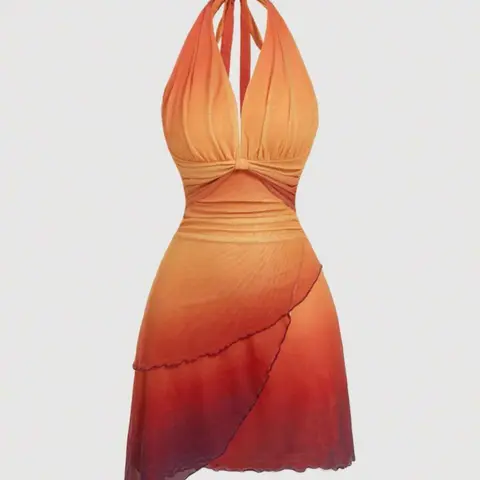 Women's Summer Gradient //cyan Bow Tie Asymmetric Sleeveless Backless Strap Dress, Perfect for Dates and Parties, Elegant Backless Dress