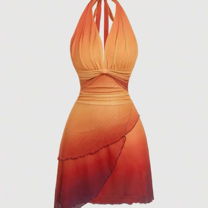Women's Summer Gradient //cyan Bow Tie Asymmetric Sleeveless Backless Strap Dress, Perfect for Dates and Parties, Elegant Backless Dress