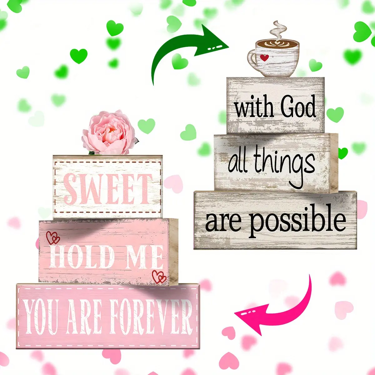 5pcs Reversible Valentine's Day &Sweet home Decorations, Double Side Table Sign, Valentine Tiered Tray Decor, Wood Heart Clover Block Valentine Table Centerpiece for Home, Farmhouse Tiered Tray Decor, Sweet Home Centerpiece