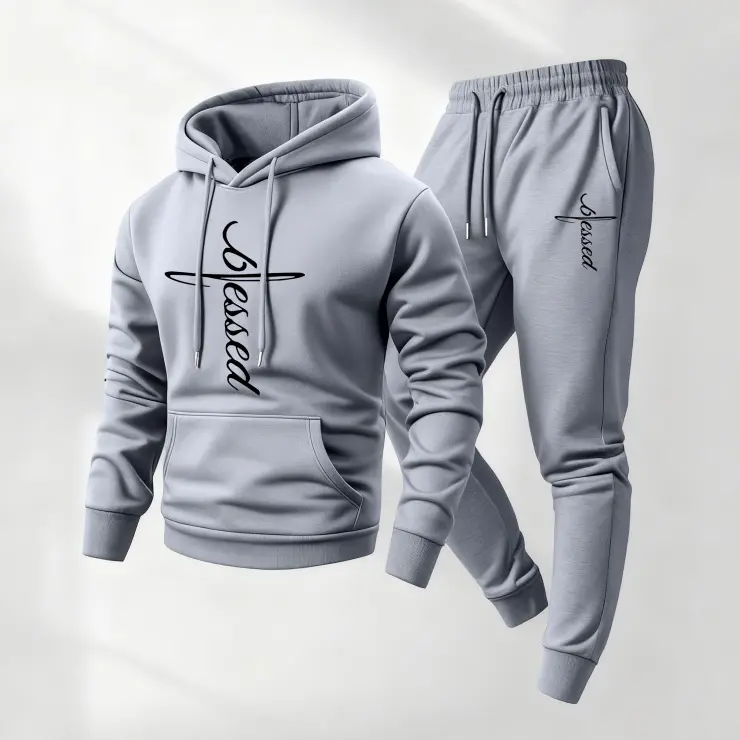 Men's Blessed Printed Hoodie and Drawstring Sweatpants Set, Menswear, Casual Athletic Long Sleeve Hooded Jacket & Trousers for Fall & Winter, Men's Clothing for Daily Wear, Sportswear Indoor Outdoor, Tracksuit, Athleisure Summer Clothes