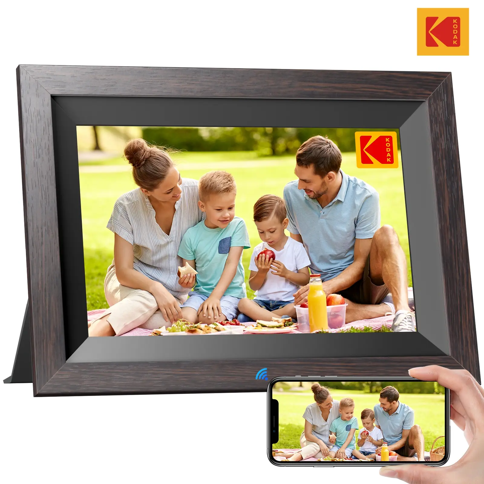 KODAK 10.1-in IPS HD Touch Screen Digital Photo Frame - 32GB Storage, Instant Wireless Sharing, High Quality Wooden Modern Mountable Frame with Calendar, Clock, Alarm, Weather Forecast, Holiday Gift, Father's Day Gift
