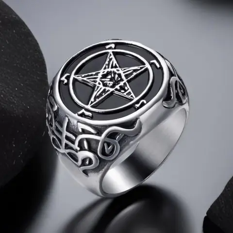 Men's Durable Stainless Steel Gothic Vintage Costume Ring - Gothic Band Ring, Satanic Pentagram Baphomet Goat, Leviathan Cross Sulfur Demon Symbols, 22mm, 25g, Silver Black, Sizes 8-13, Unique Fashion Jewelry for Adults, Costume Rings