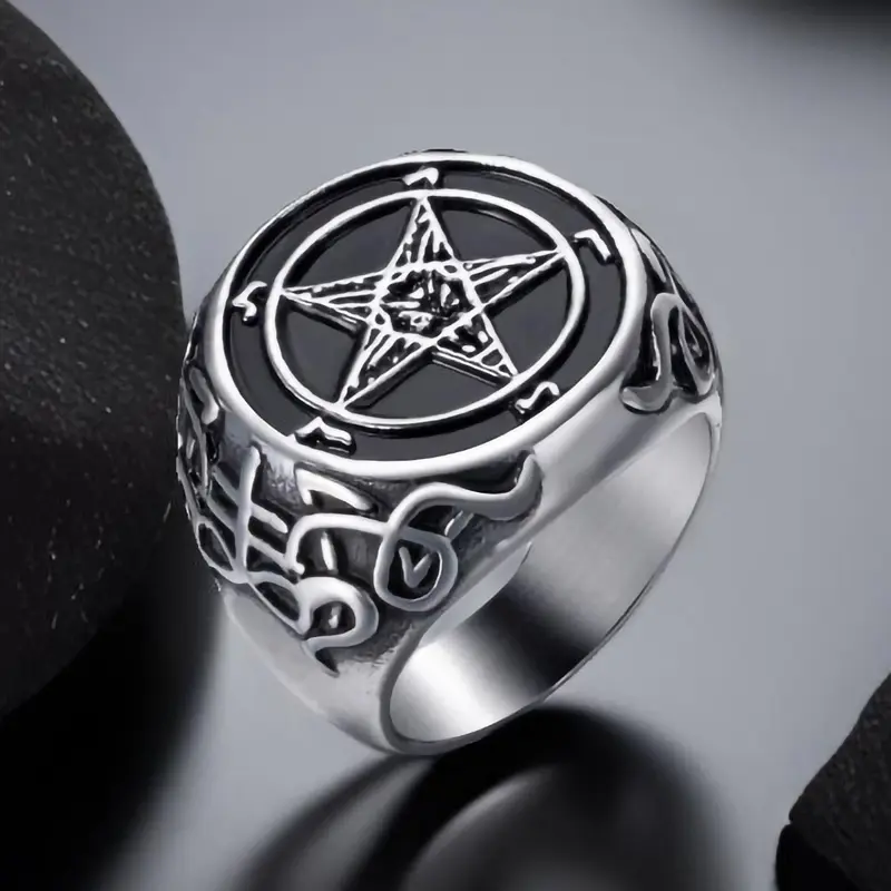 Men's Durable Stainless Steel Gothic Vintage Costume Ring - Gothic Band Ring, Satanic Pentagram Baphomet Goat, Leviathan Cross Sulfur Demon Symbols, 22mm, 25g, Silver Black, Sizes 8-13, Unique Fashion Jewelry for Adults, Costume Rings