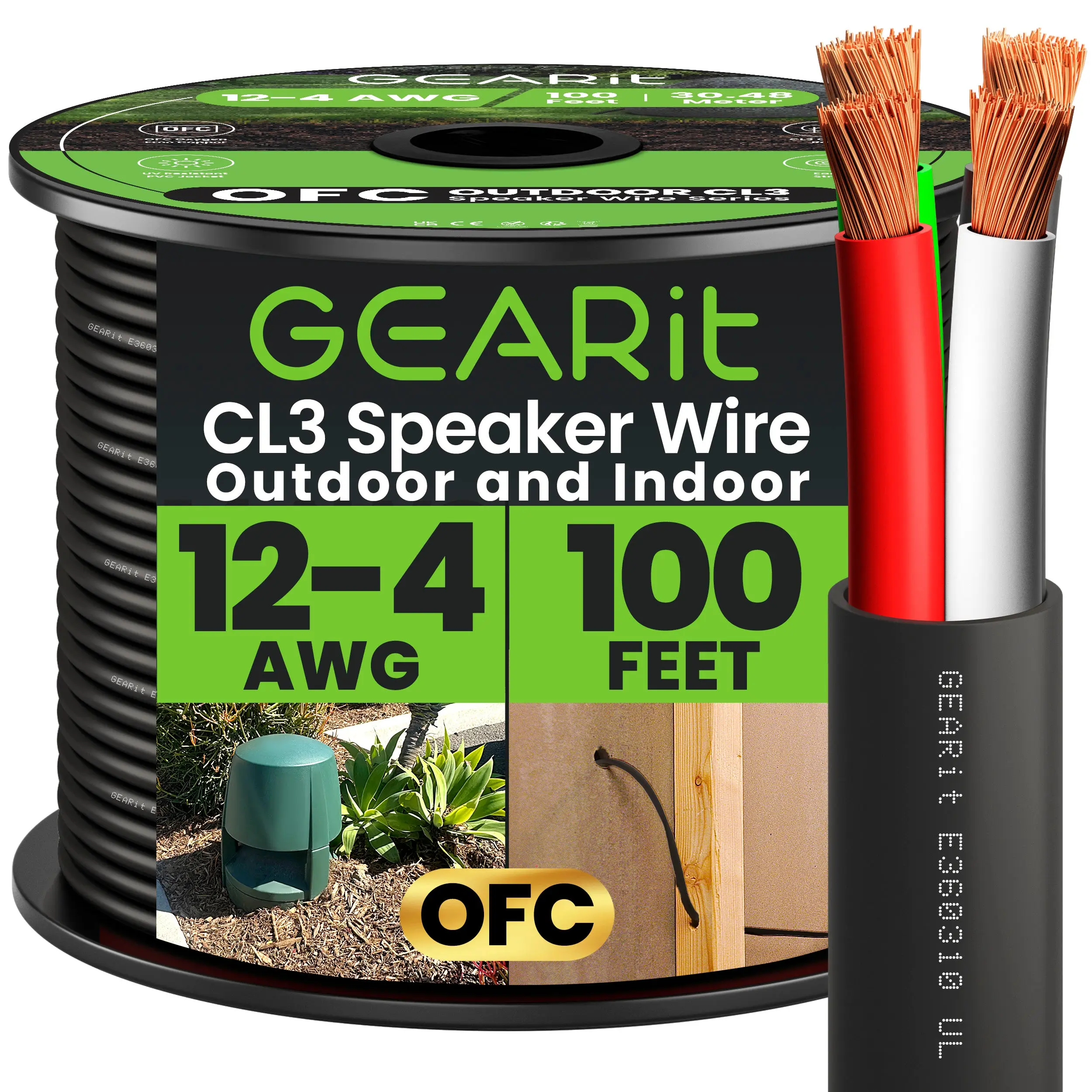 12 AWG Direct Burial Speaker Wire 4-Conductor Bi-Wire Cables - CL3 Rated - Oxygen Free Copper (OFC), Black