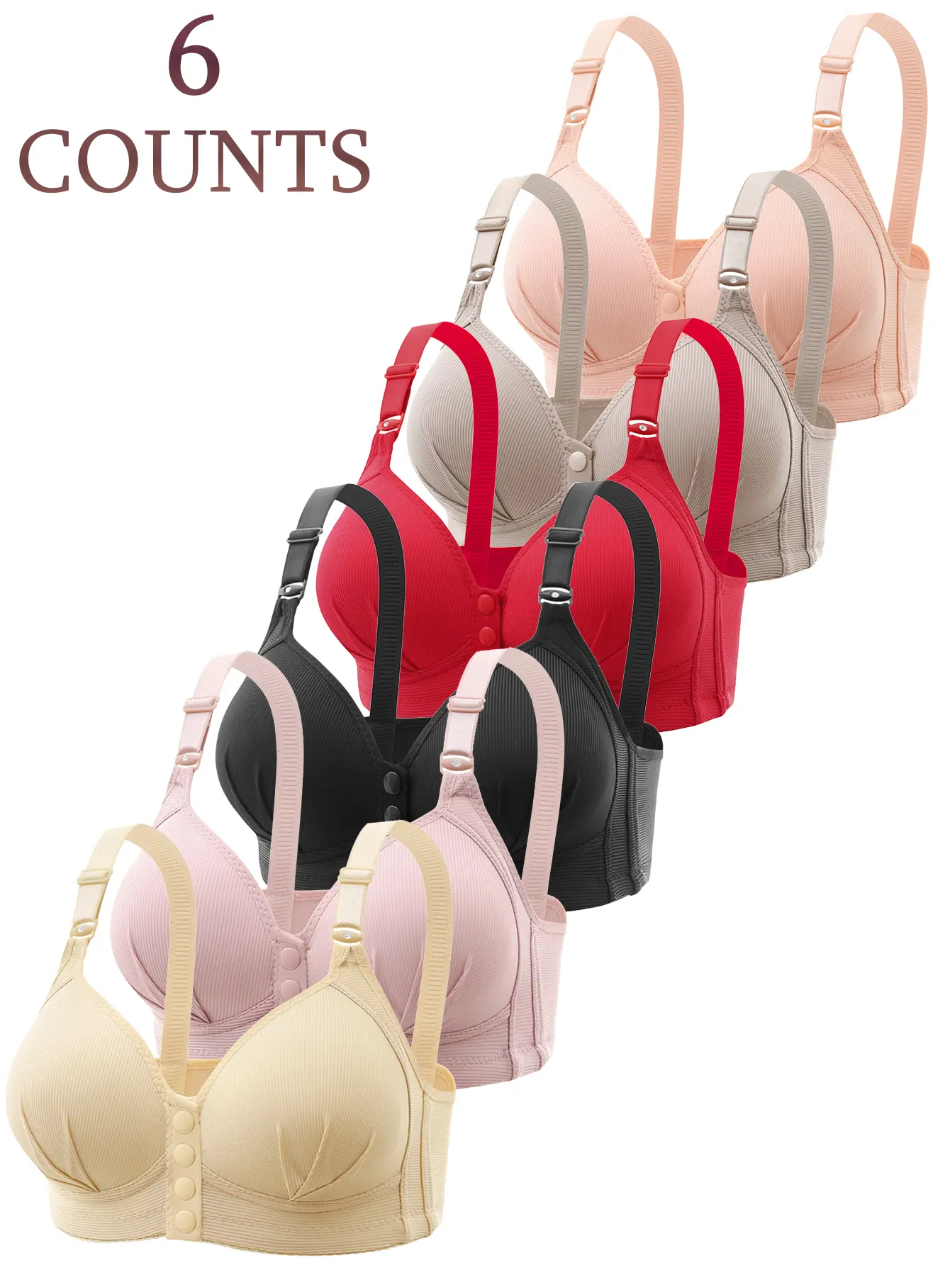 Women's Minimalist Front Closure Wireless Bra, 6-Pack Basic Solid Push-Up Lingerie - Comfortable, Breathable for Casual Daily Wear