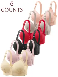6pcs Front Closure Non-Wired Comfortable Breathable Push-Up Bra Solid Lingerie