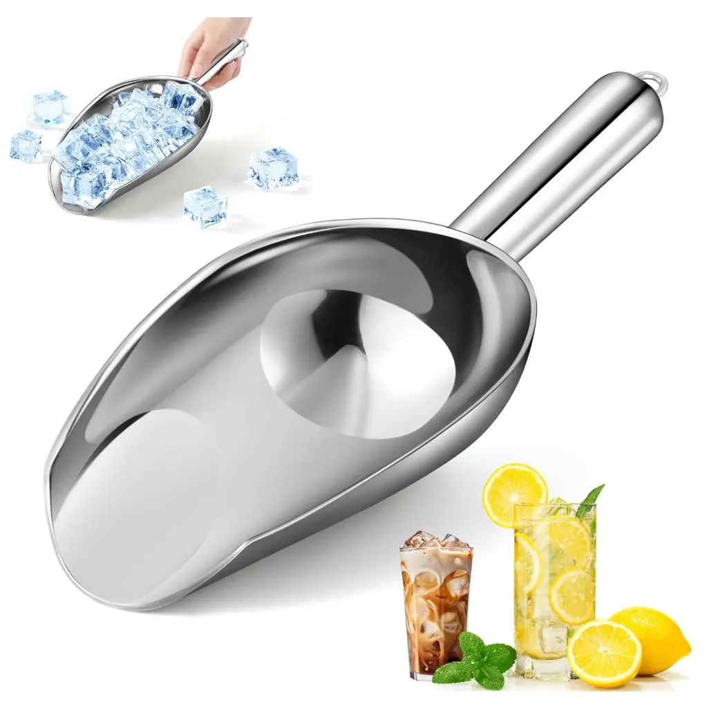 18oz Stainless Steel Ice Scoop for Freezer – Dishwasher Safe Metal Scooper with Long Handle for Ice Machines, Buckets, Dog Food, Flour, and Canisters – Ideal for Bar, Parties & Weddings