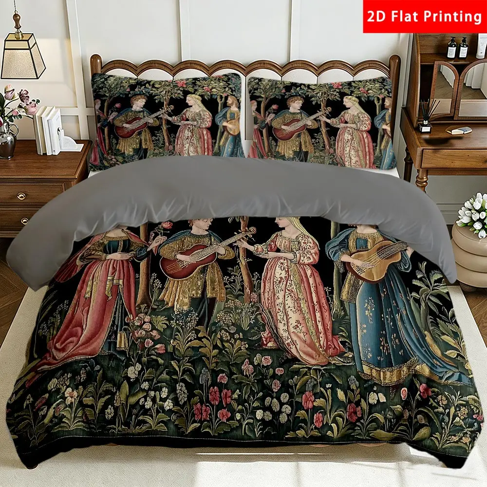 2/3 Pcs 2D Flat Medieval Renaissance Themed Milk Velvet Duvet Cover Set，Courtly Musicians and Floral Bedding Set Quilt Cover 1 Duvet Cover + 1/2 Pillowcases，Vintage Garden Top Sheet Decorative Bedding Bedroom Decor The Preferred Pick for Bedding