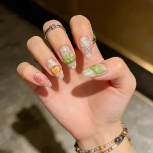 Green Kitten Fresh Summer Small Floral Dopamine Star Cute Hand-painted Crazy Nail Art False Nails, Green Apple & Red Apple Pink-green Plaid Butterfly Flower Colorful Nail Tips Acrylic Press On Nails with Jelly