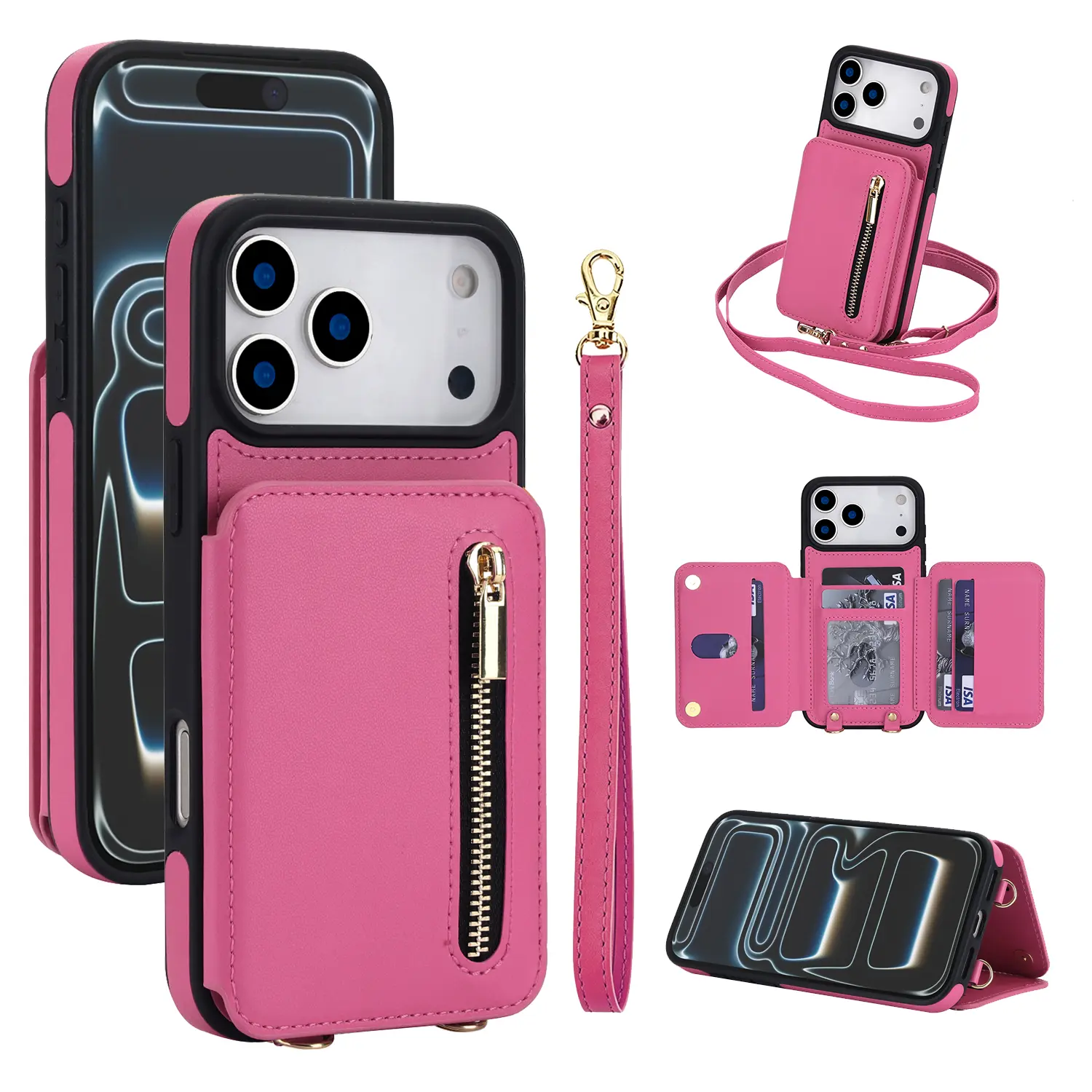Crossbody Wallet Case for iPhone 17 16 15 14 13 12 11 Pro Max 17 Air 16 15 14 Plus, Flip Kickstand Case with RFID Blocking Card Slots Holder, Zipper Handbag Phone Case