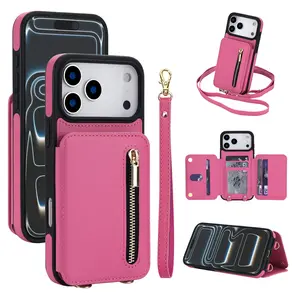 Crossbody Wallet Case for iPhone 17 16 15 14 13 12 11 Pro Max 17 Air 16 15 14 Plus, Flip Kickstand Case with RFID Blocking Card Slots Holder, Zipper Handbag Phone Case