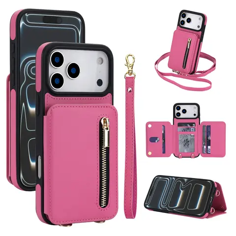 Crossbody Wallet Case for iPhone 18 Pro Max 17 Air 16 15 14 Plus 13 12 11 Pro Max, Flip Kickstand Case with RFID Blocking Card Slots Holder, Zipper Handbag Phone Case