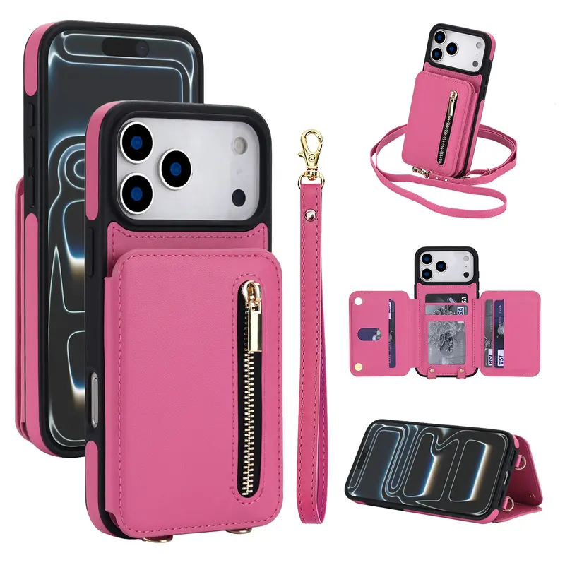 Crossbody Wallet Case for iPhone 18 Pro Max 17 Air 16 15 14 Plus 13 12 11 Pro Max, Flip Kickstand Case with RFID Blocking Card Slots Holder, Zipper Handbag Phone Case