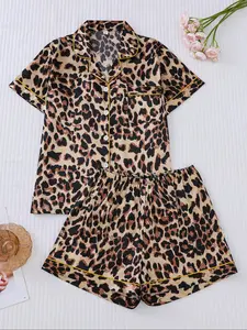 Women's Leopard Print Lapel Neck Shirt & Shorts Pyjama Two-piece Set, Casual Comfy Short Sleeve Top & Shorts PJ Set, Ladies Sleepwear for All Seasons, Loungewear, Leopard Print Pajamas