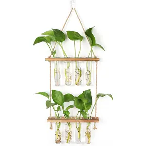 Wall Hanging Planter Terrarium 2 Tired Test Tube Vase Glass Planter Plant Propagation Station Plant Hangers of Rope with Wooden Stand and 8 Tubes for Hydroponic Plant Cutting