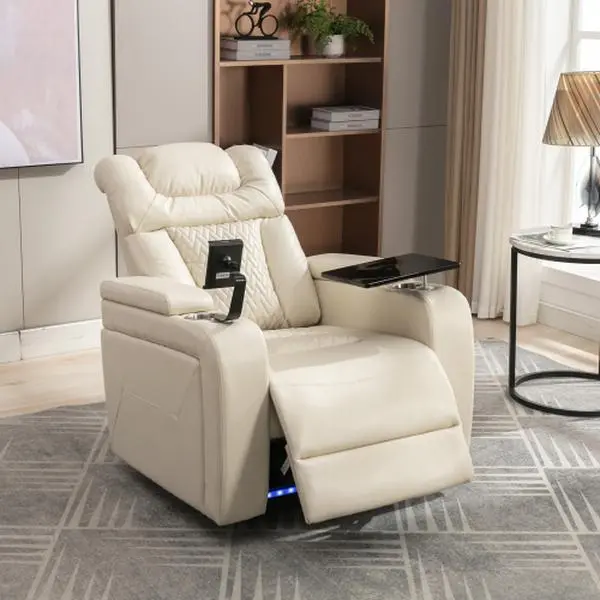 Modern reclining chair with 270° swivel and rocking function, PU leather seat, comes with removable tray, phone holder, USB charging port, and cup holder, White