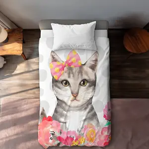Begin Home Decor C1DCTXLW1C4AQF Charming Cat Gray Twin Size Extra Long Duvet Cover - Illustrative Home Decor