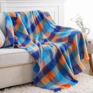 Colorful Plaid Throw Blanket for Couch Bed, Fall Blue Plaid Throw Blanket with  Colors,Super Soft Cozy Cashmere Mohair Tartan Plaid Blanket for Fall Decor  Decor(50"x60")