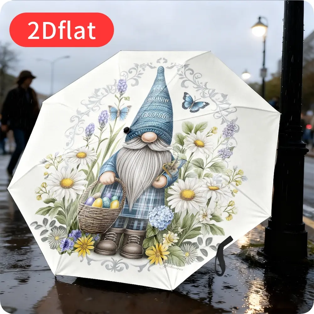 An Easter-themed folding umbrella featuring an adorable, whimsical gnome design with colorful Easter eggs, adorned with four floral patterns, 2D flat printing, a durable canopy made of sturdy plastic and metal—perfect