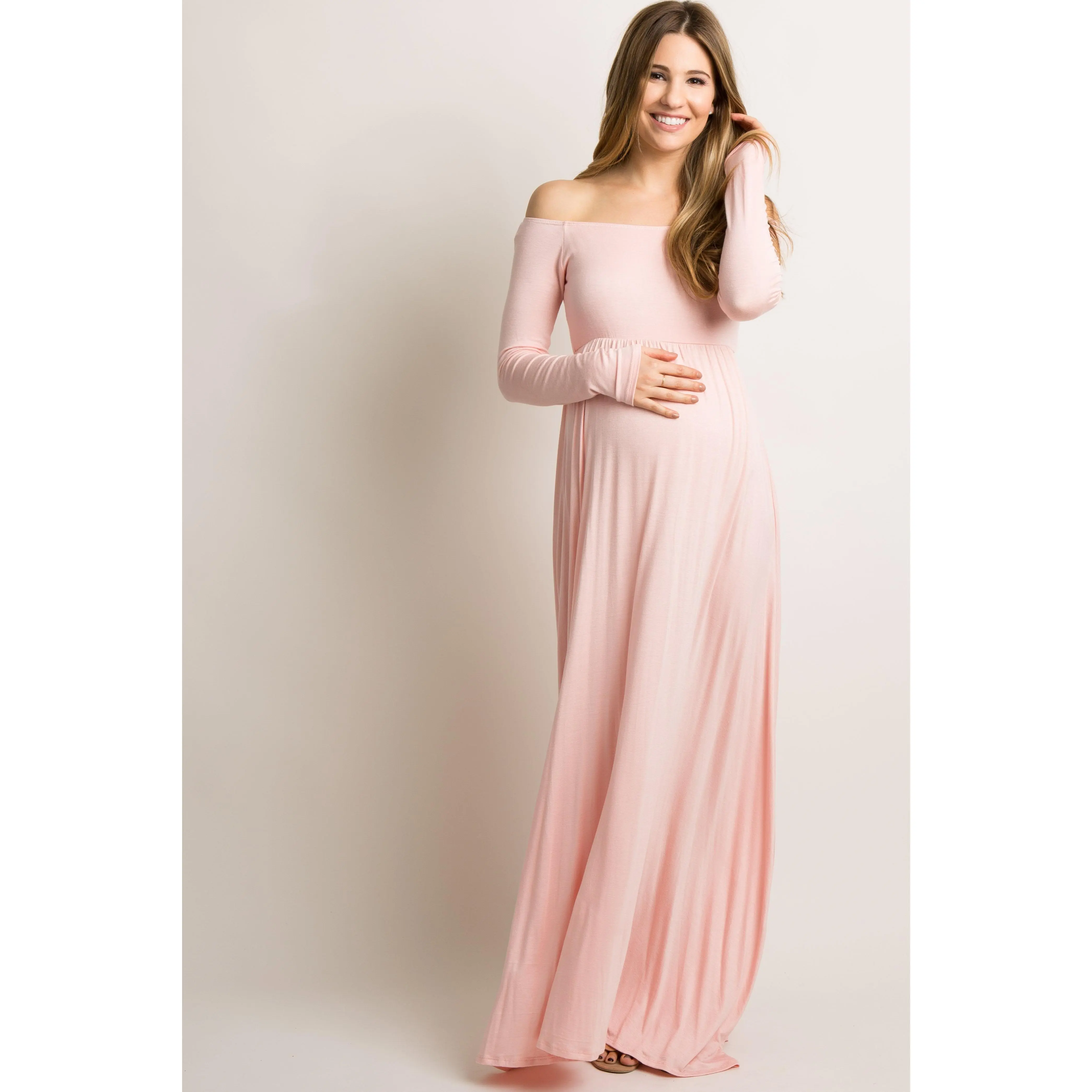 PinkBlush Tall Pink Solid Off Shoulder Maternity Maxi Dress