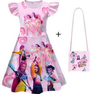 Girls Demon Hunter Huntrix Role Printed Sleeve Dress with Bag,Rumi Mira Zoey Character Design Outfits Casual Fit for Kids 3-14 Years