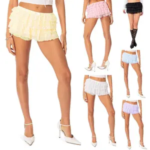 Women??s Layered Ruffle Shorts Casual Elastic Waist Bow Front Solid Color Lace Shorts Going Out Pants, Ladies Clothes for Indoor Outdoor Wear, Ladies Clothes for Daily Wear(Sheet)