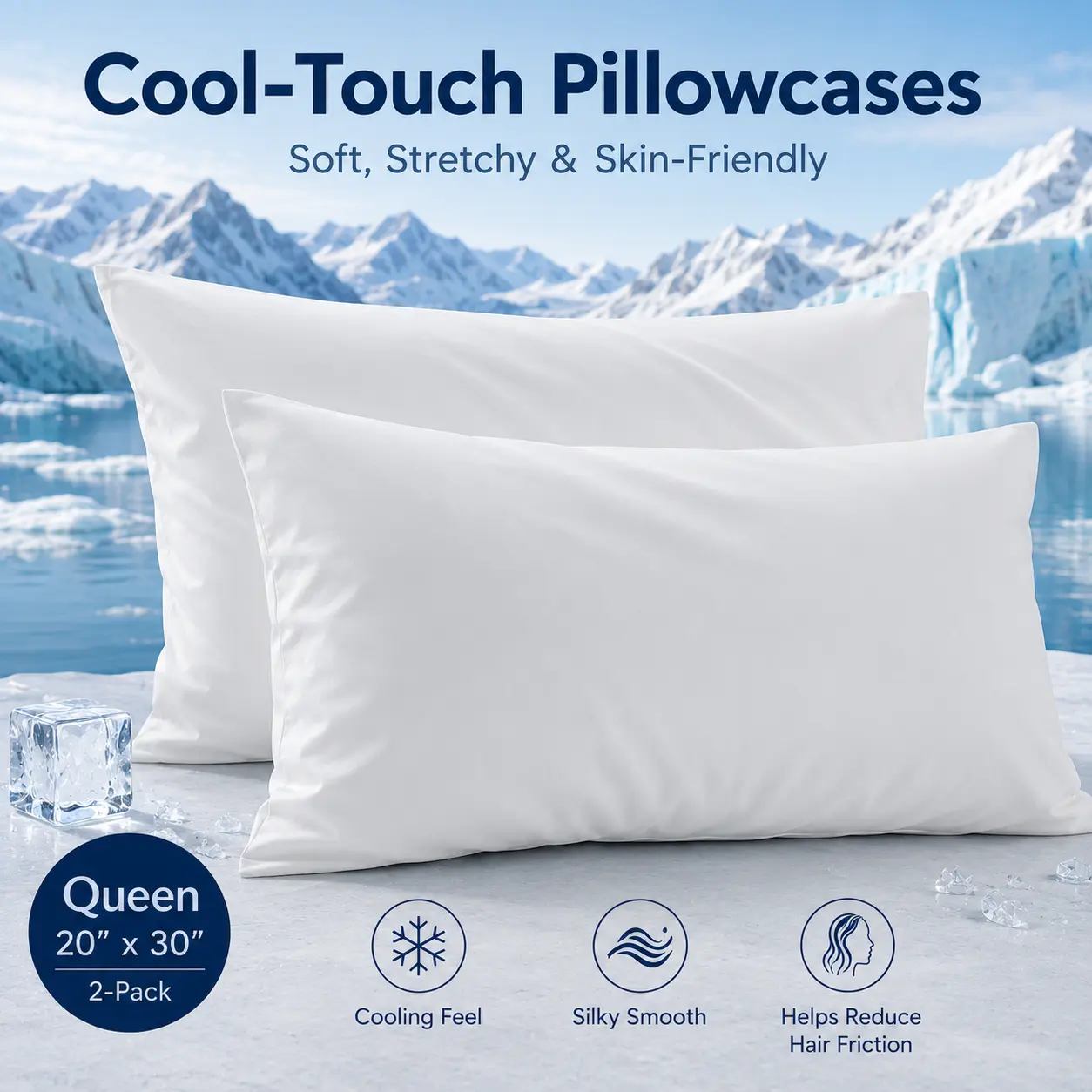 CloudReston Premium Stretch Pillowcases 2 Pack with Hidden Zipper, Soft Smooth Pillow Covers, Snug Fit, Anti-Frizz Hair Care, Pilling-Resistant Queen King Bedding