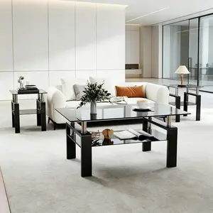 Living Room 3-Piece Tempered Glass Furniture Set - Rectangle Coffee Table with Metal Legs, End Tables, Bedroom Nightstand
