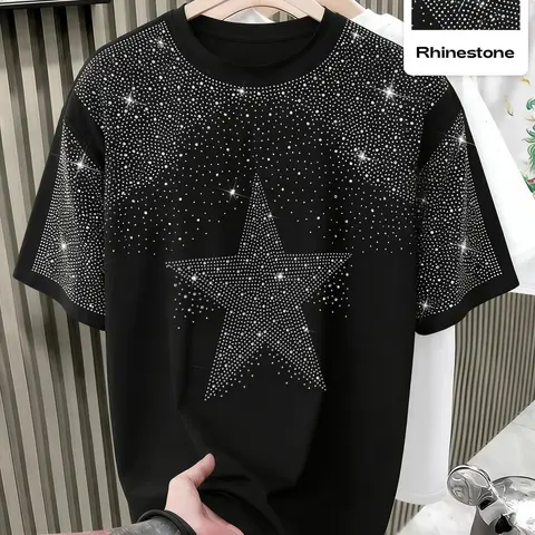 Unisex design, Round neck, Short, featuring a star pattern with water-crystal inlays, Glam-inspired Summer Streetwear top, perfect for showcasing fashion sense, ideal for casual wear in school or workplace