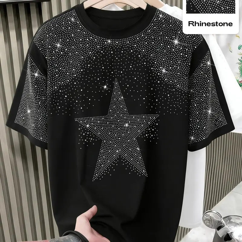 Unisex design, Round neck, Short, featuring a star pattern with water-crystal inlays, Glam-inspired Summer Streetwear top, perfect for showcasing fashion sense, ideal for casual wear in school or workplace