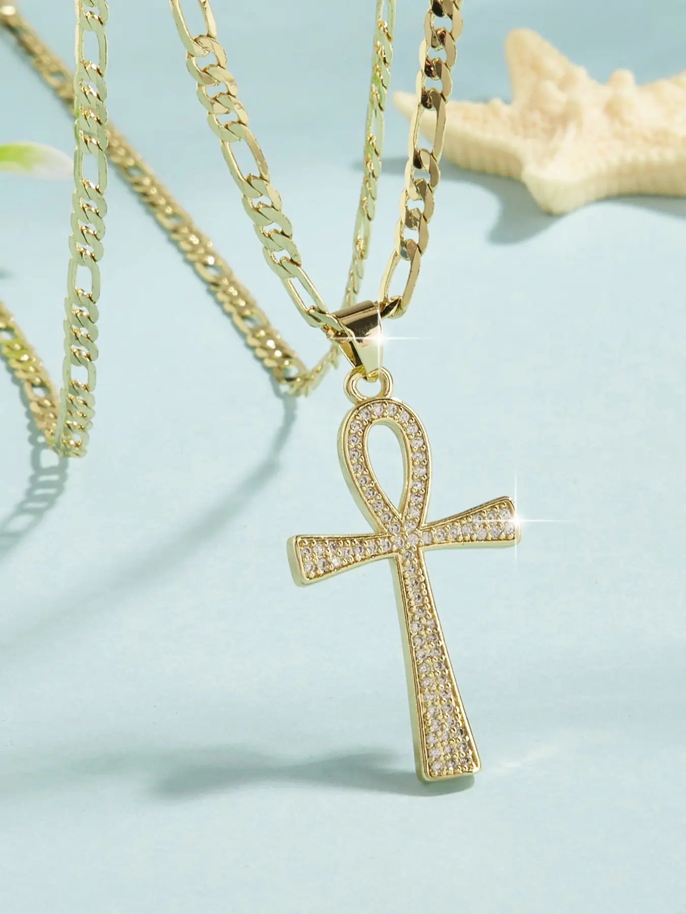 Fashion Hip Hop Ankh Cross Pendant Necklace, Luxurious Copper Plated 14k, 24 Inch Faux Cuban Link Elegant Statement Chain, Unisex Daily Wear Jewelry Gift, Necklace And Chain