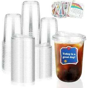 50 Sets Clear Plastic Cups with Strawless Sip , 16oz Round Bottom Disposable Ice Coffee Cups, PET To Go Cups with Motivational Stickers for Cold Drinks, Juice, Smoothie, Cafe, Party (50Pcs, 16 oz)