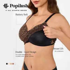 Popilush Wireless T-Shirt 2 IN 1 Bra Full Coverage Bralette Push Up Bra Seamless Plus Size Everyday
