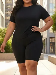 Plus-Size Women'S Spring And Summer Two-Piece Set With Short Sleeve Round Neck Top And Shorts Solid Color Outfit