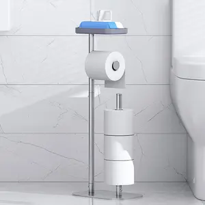 oilet Paper Holder Free Standing – Rustproof Metal Toilet Paper Stand for 4 Rolls with Anti-Slip Base and Shelf for Phone & Small Items, Bathroom Organizers and Storage, Medium, Silver