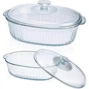 Glass Baking Dishes for Oven, 2 Pack Casserole Dishes with Lid, Oval Baking Dish Set for Lasagna Casseroles Leftovers Cooking Kitchen, 1.9 Qt and 3 Qt, Clear