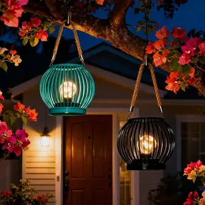 1Pcs Generic Iron Art Hollowed-out Stripes Solar Light, Decorative Lamp Garden Hanging Figurine Outdoor Decoration for Garden, Patio, Balcony, Yard, Lawn, Solar Metal Lanterns