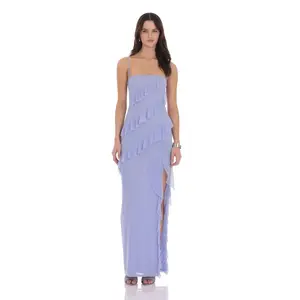Ruffle Mesh Square Neck Maxi Dress in Periwinkle