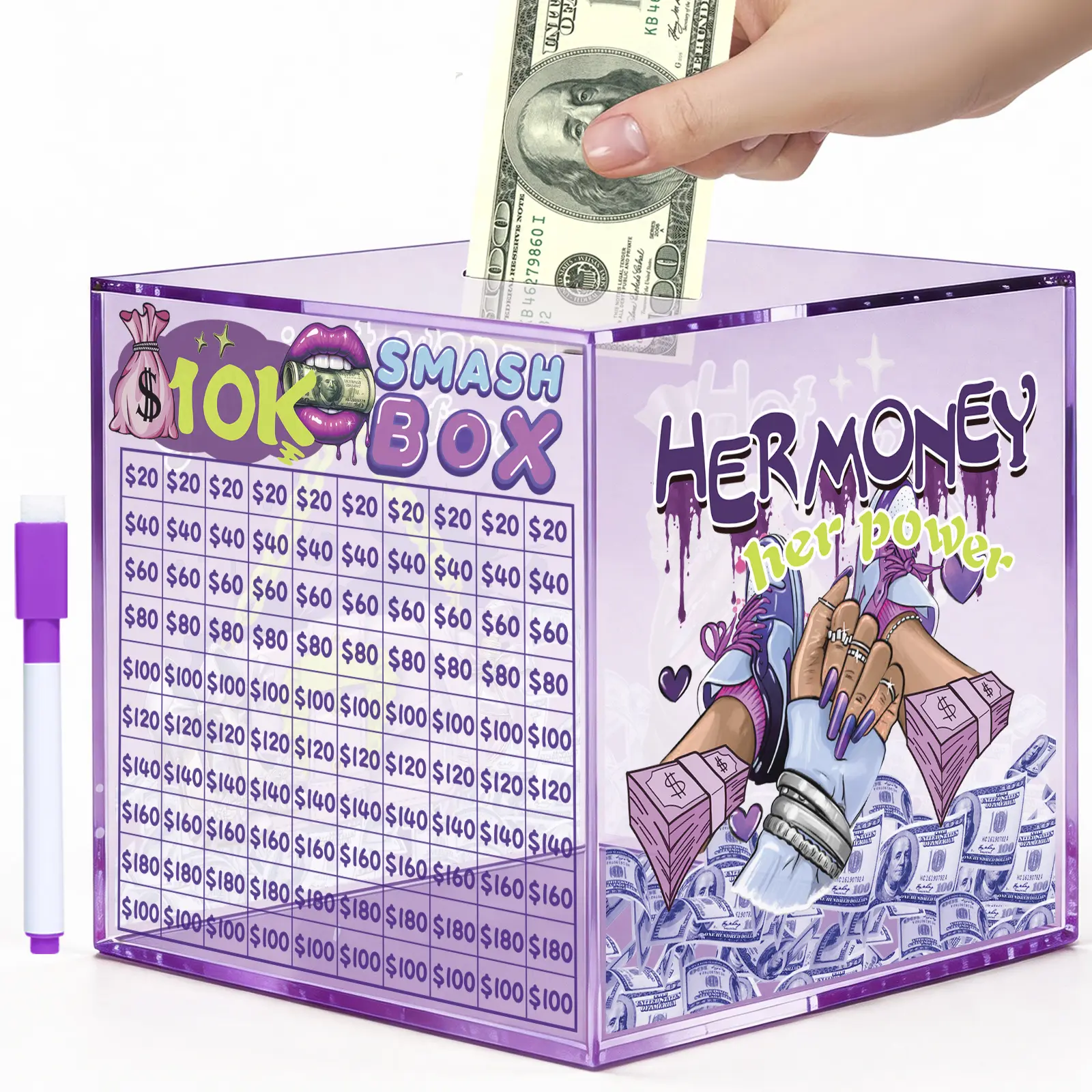 10k Smash Box for Money Saving Challenge, Unbreakable Piggy Bank for Adults 10000 Money Saving Box for Cash, Big Clear Acrylic Money Saver Must Break to Open (Purple)