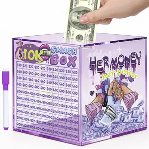 10k Smash Box for Money Saving Challenge, Unbreakable Piggy Bank for Adults 10000 Money Saving Box for Cash, Big Clear Acrylic Money Saver Must Break to Open (Purple)