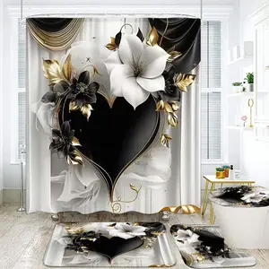 1/4pcs Valentine's Day Black White Gold Heart Floral Shower Curtain Set, Bathroom Decoration Accessories - 4 Pieces Bathroom Decor with Large Black Heart, White Flowers, Gold Leaves - Matching Floor Mats & Toilet Seat Cover - Home Decor for Bath