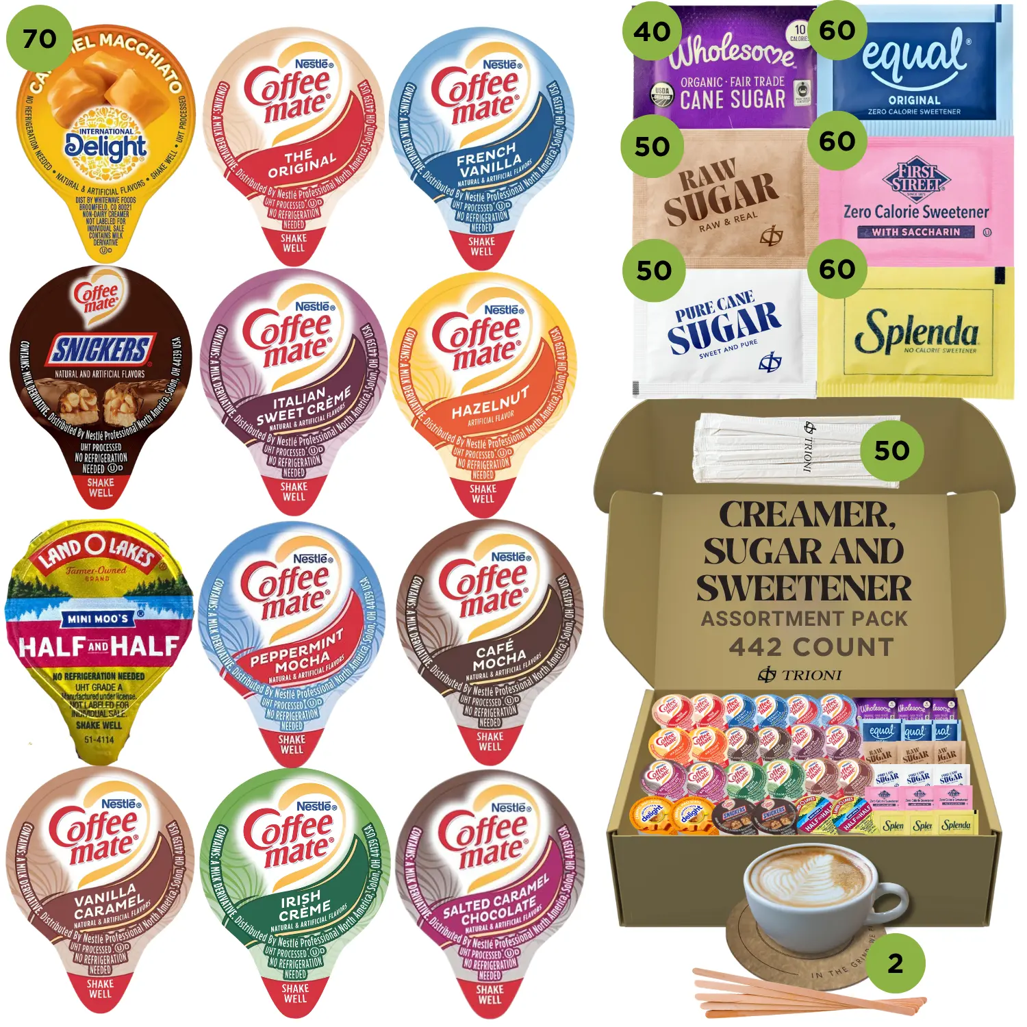 Coffee Mate Coffee Creamer Singles Variety Pack - 12 Assorted Non Dairy Flavored Pods with Stirrers & Coasters