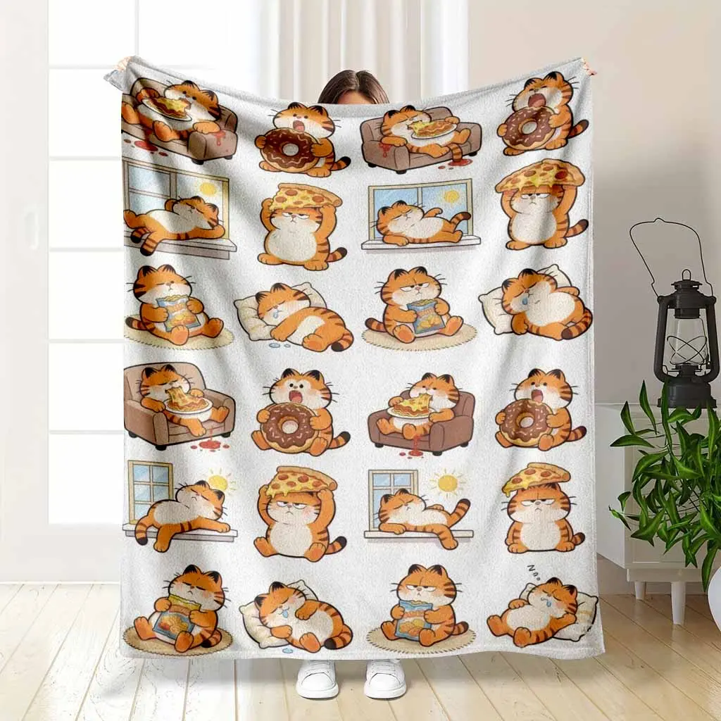 Lazy Cat Flannel Blanket Cartoon Pizza and Donut Print Soft Cozy Warm Lightweight Throw Perfect for Sofa Bed Office Nap Travel Gift Home Decoration Relaxing Moments