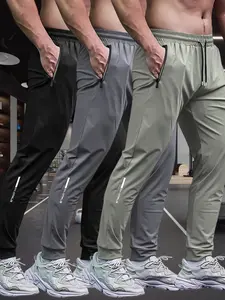 Men’s lightweight ice silk 3-pack long pants with zippered pockets and a drawstring waist; breathable, quick-drying jogger/sweatpants with cuffs; suitable for all seasons—running, outdoor sports, home leisure, and fitness training; also great as a gift.