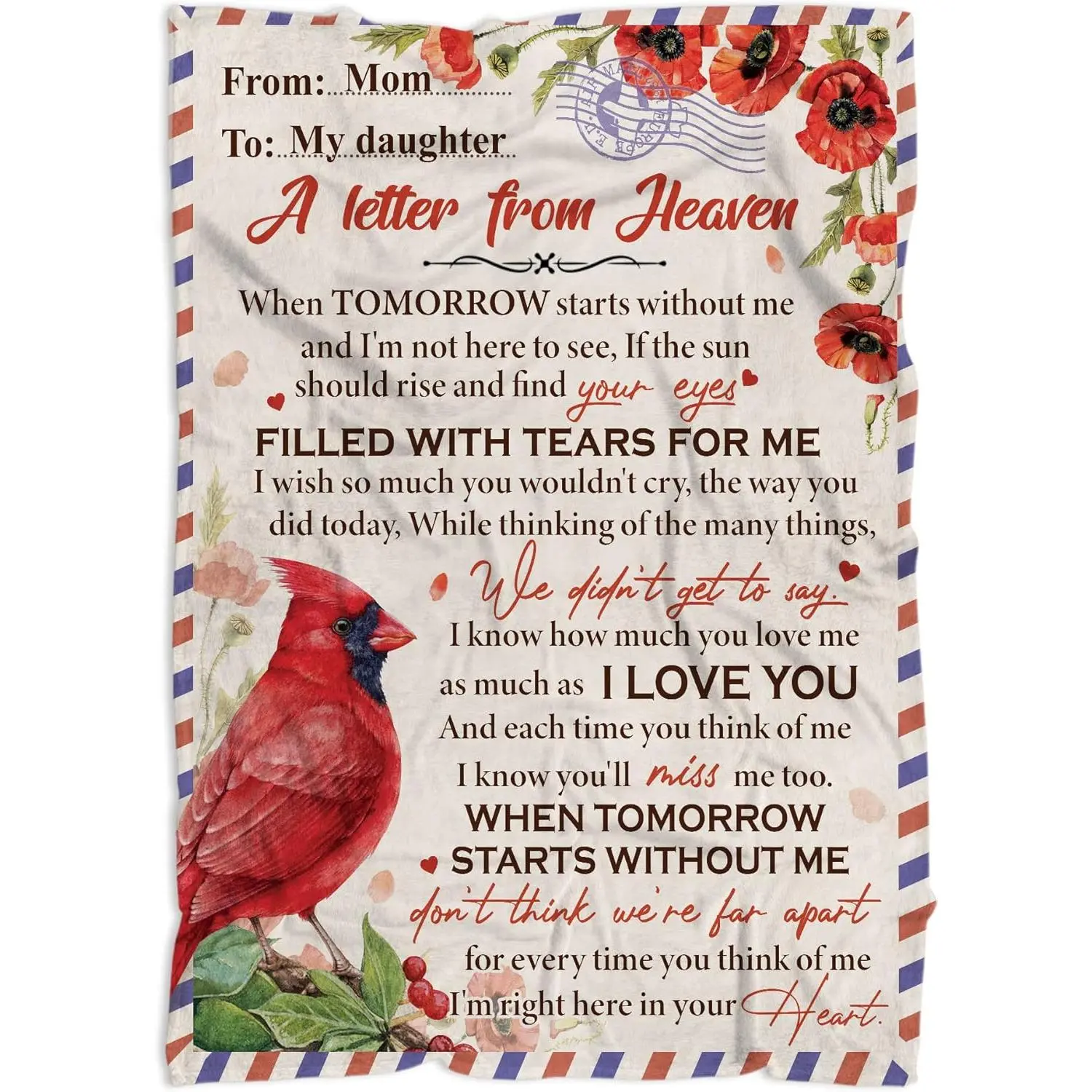 Cardinal Memorial Fleece Blanket, A Letter from Heaven, in Loving Memory Blanket Gift for Loss of Loved One, Remembrance Sympathy Gift Throw Blanket, Bereavement Condolence Gifts