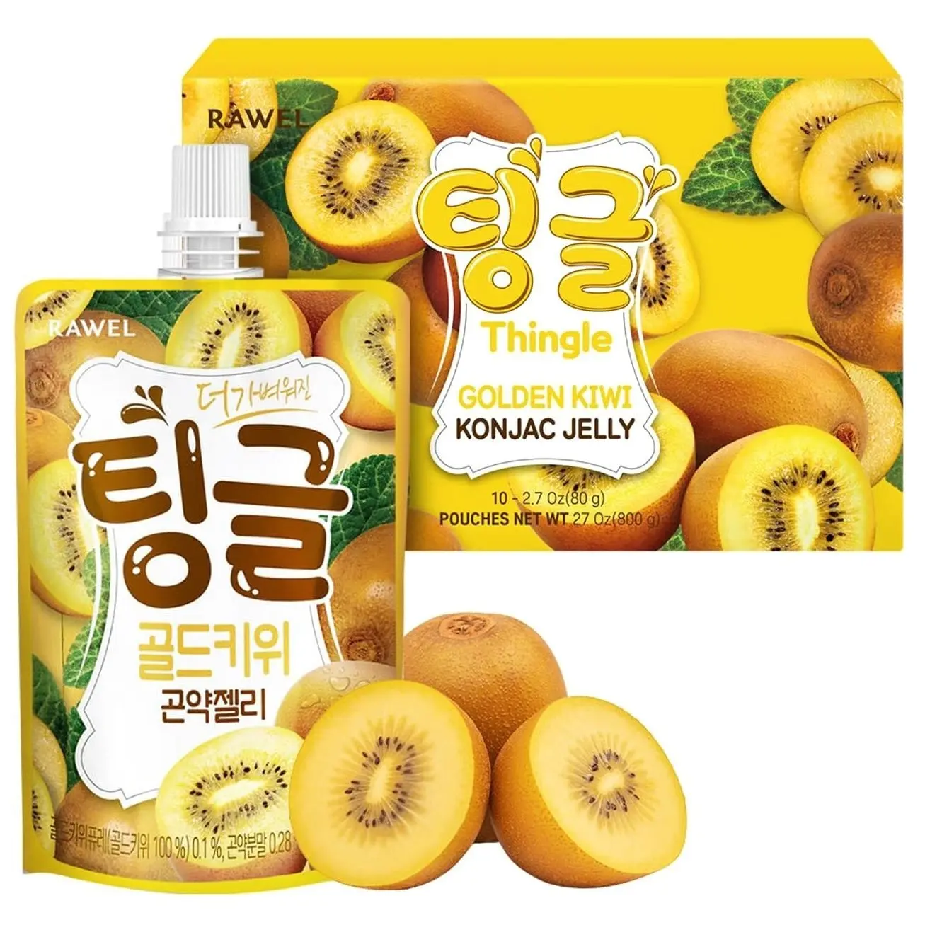 Rawel Thingle Delicious Konjac Jelly 1box (80g x 10packs) / 6 Calories per pouch/Sugar Free/Low Calories/Fruit Flavor Jelly with low carb/Drinkable Zero Sugar Jelly Dessert (Golden Kiwi)