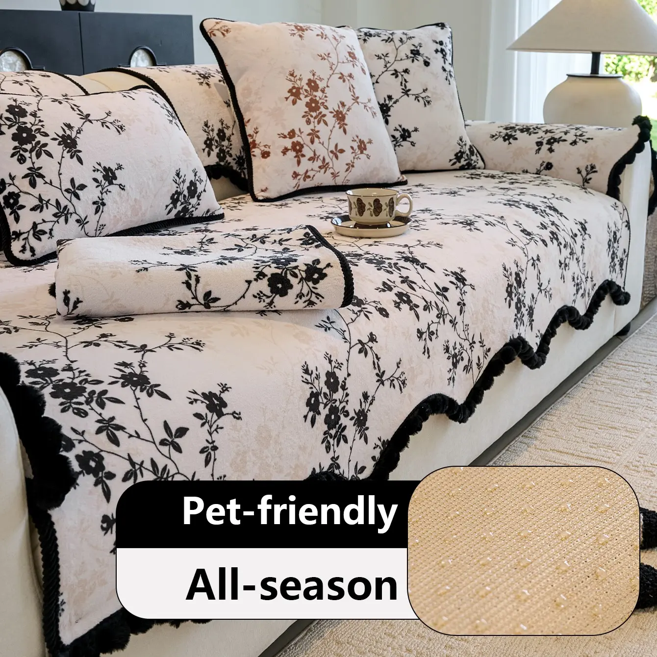 Elegant Plant Pattern Sofa Cover, Sofa Slipcover, Cat Scratch Protection, Washable & Reusable, Dustproof & Non-Slip, Pet Friendly, Suitable for Living Room, Washable Couch Cover, Washable Sofa Protector